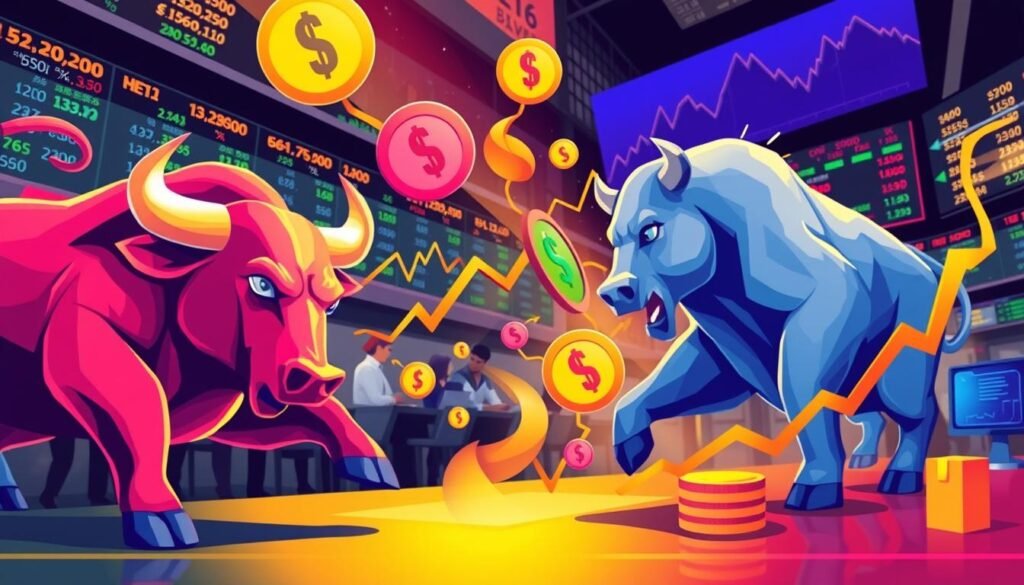 Key concepts in stock trading related to shares and dividends, market capitalization, bull markets, and bear markets.